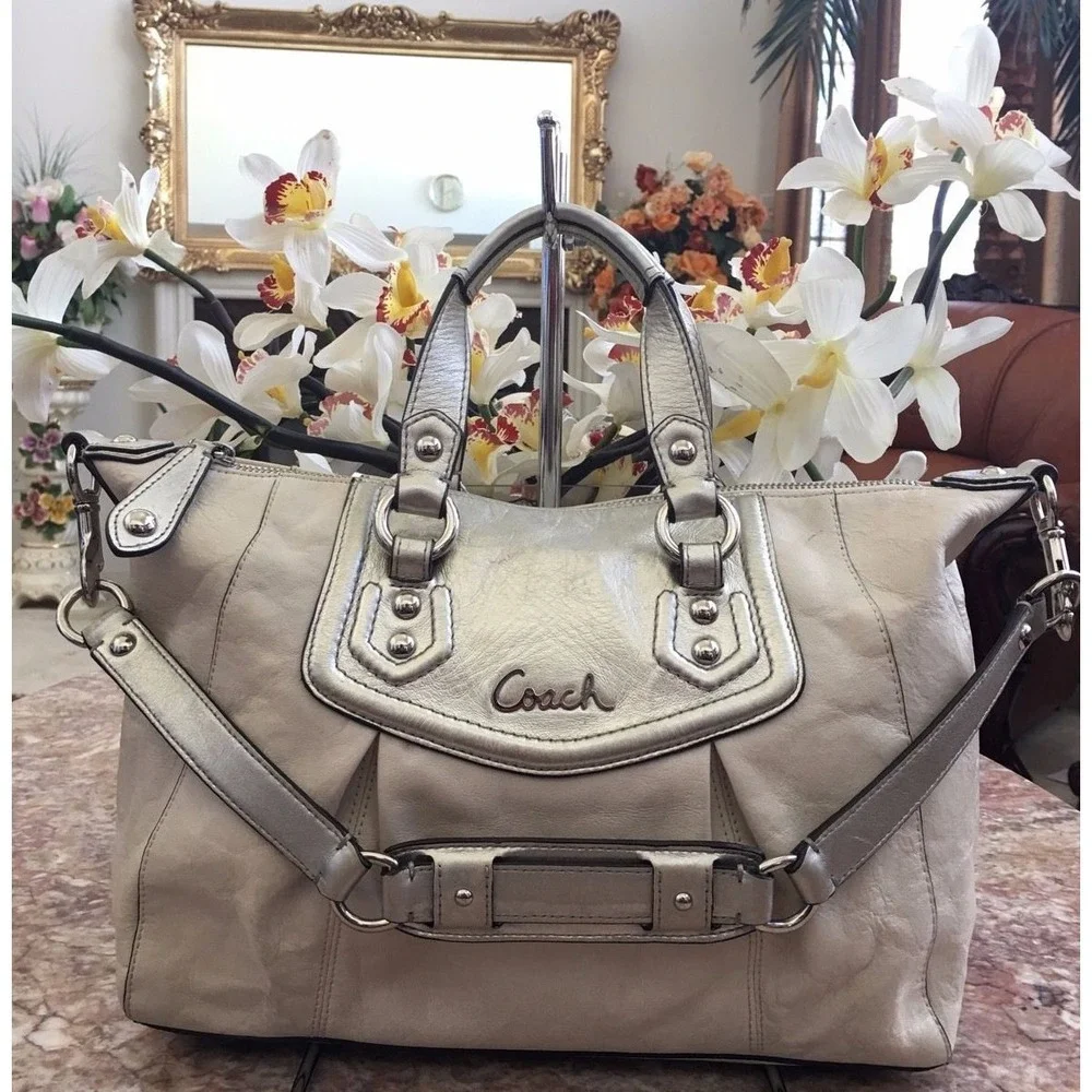 COACH ASHLEY IVORY/CREAM LEATHER SATCHEL TOTE‎ SHOULDER BAG F19247 EUC